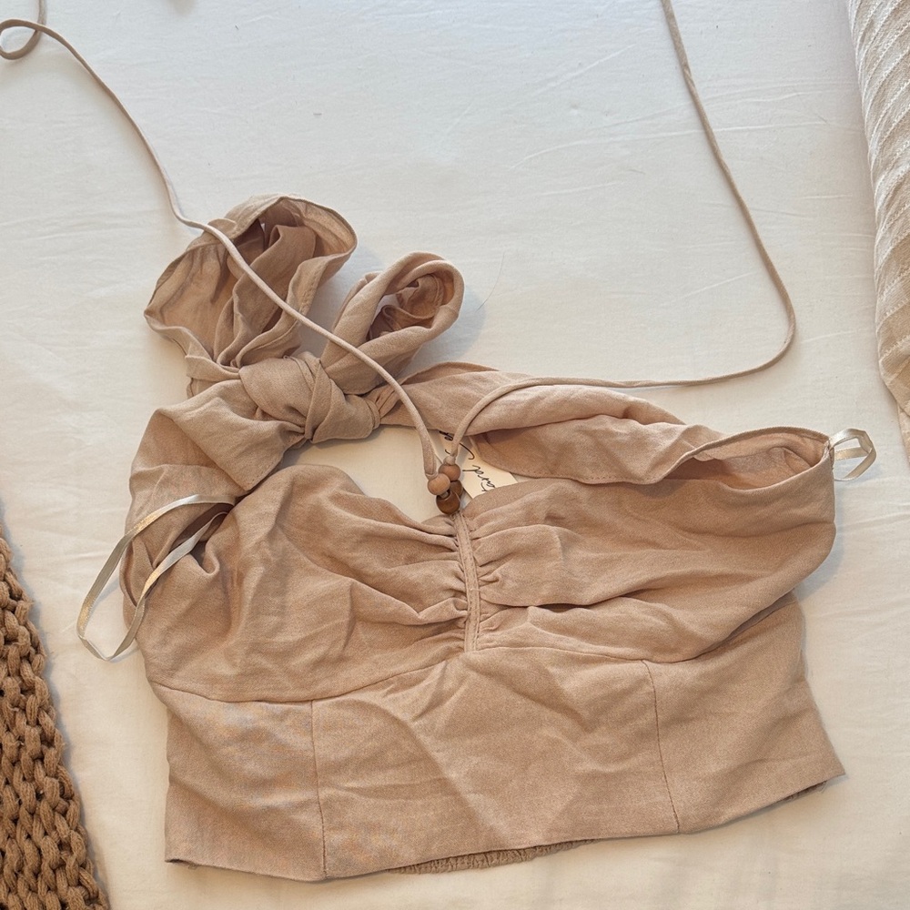 Beige Ruched Crop Top Halter